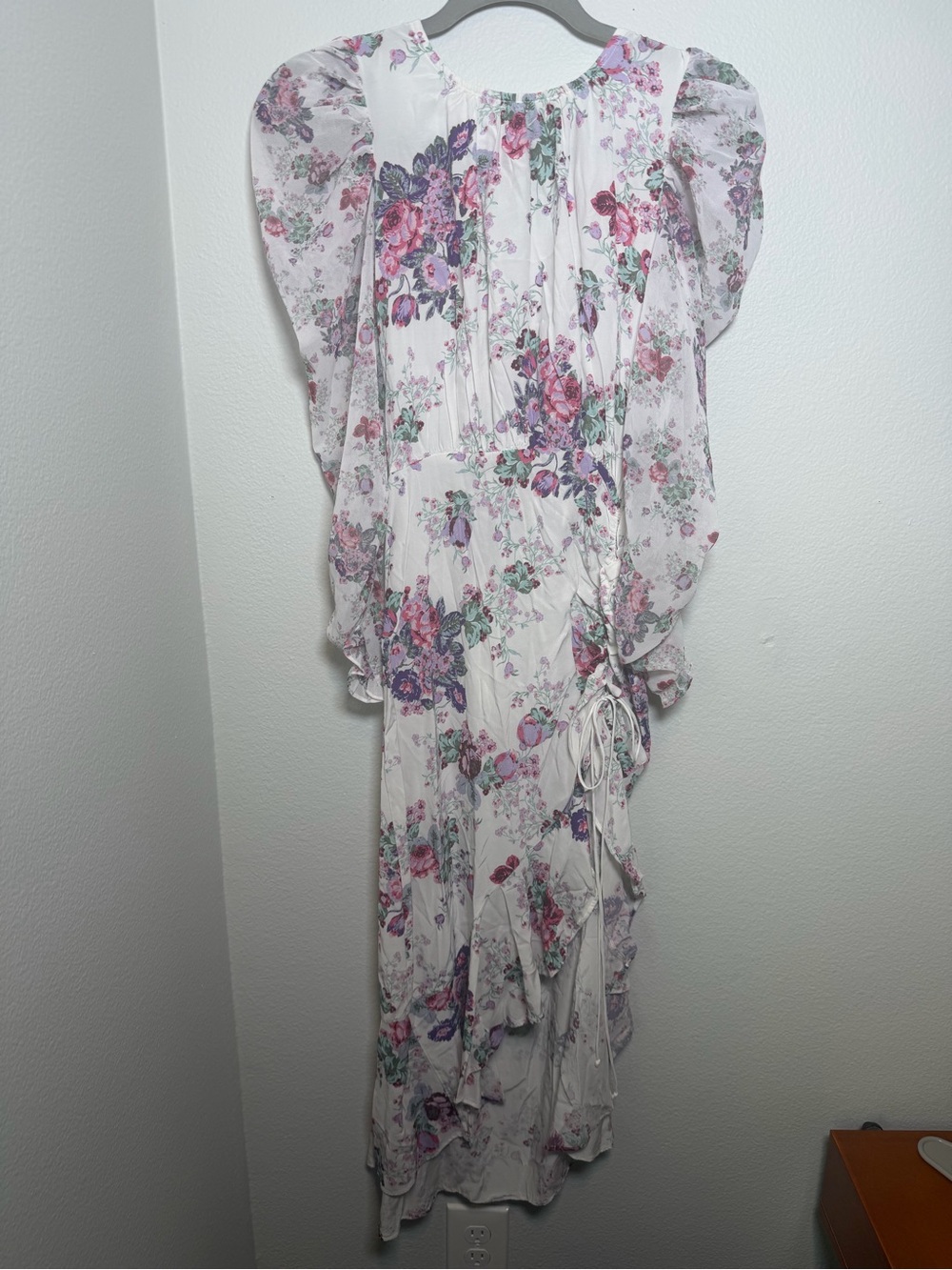 For Love & Lemons White Midi w/ Pink & Purple Floral Print Ruching & Open Back S - Picture 3 of 14